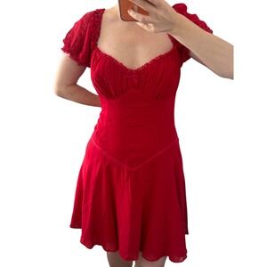 Reformation Ondine Dress Lipstick Red Puff Sleeve Mini Dress Size 10 NEW